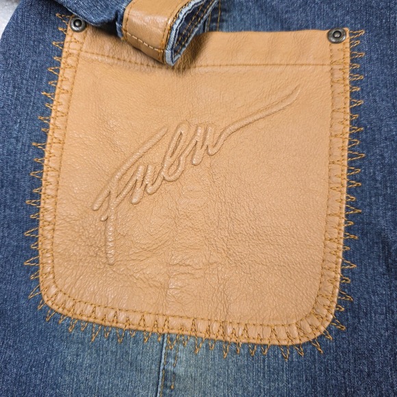 Vintage Fubu The Collection Denim jacket XL Tan Faux Leather Patchwork Jean‎ - Picture 4 of 13